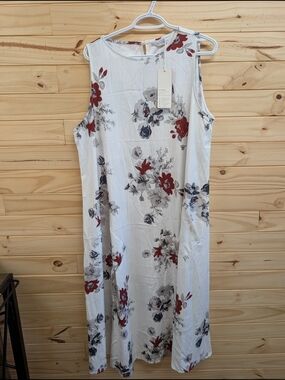 Sleeveless White Floral A-Line Dress with Red and Gray Blooms